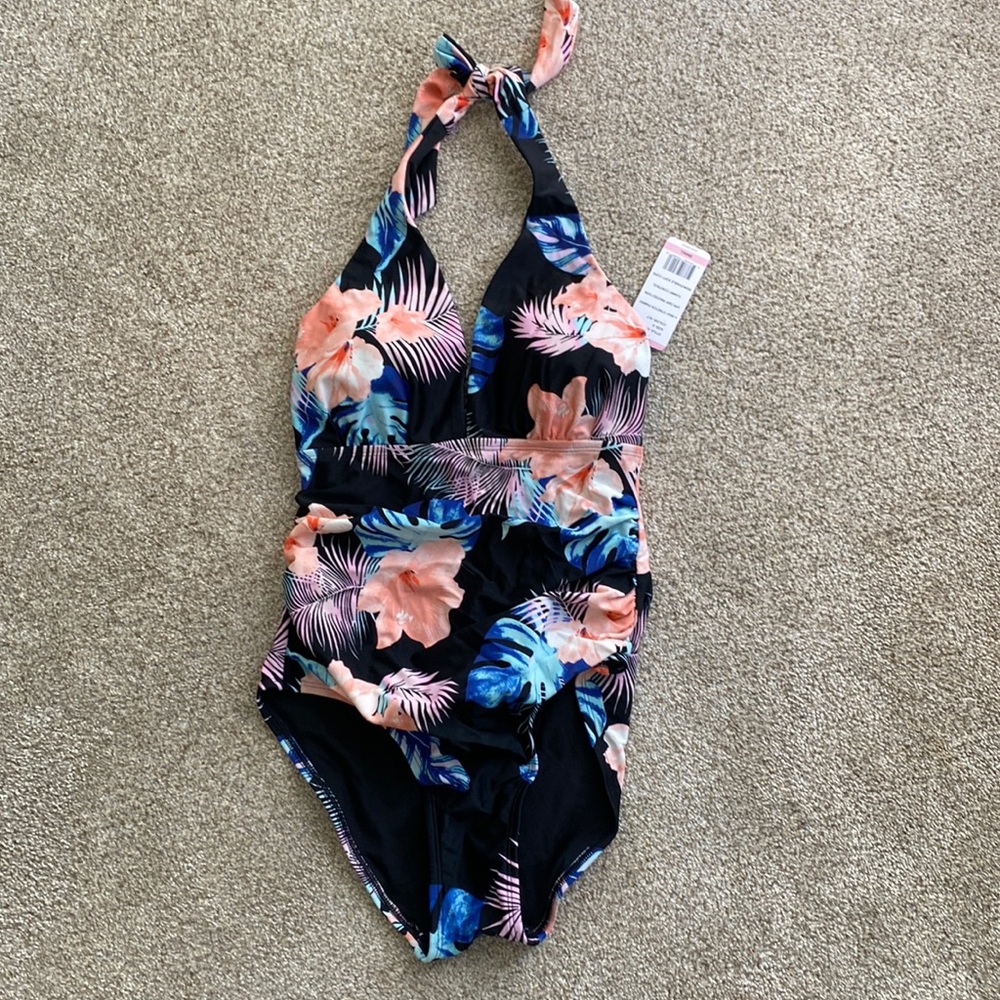 NWT DKNY strapless black floral halter swimsuit. Size small